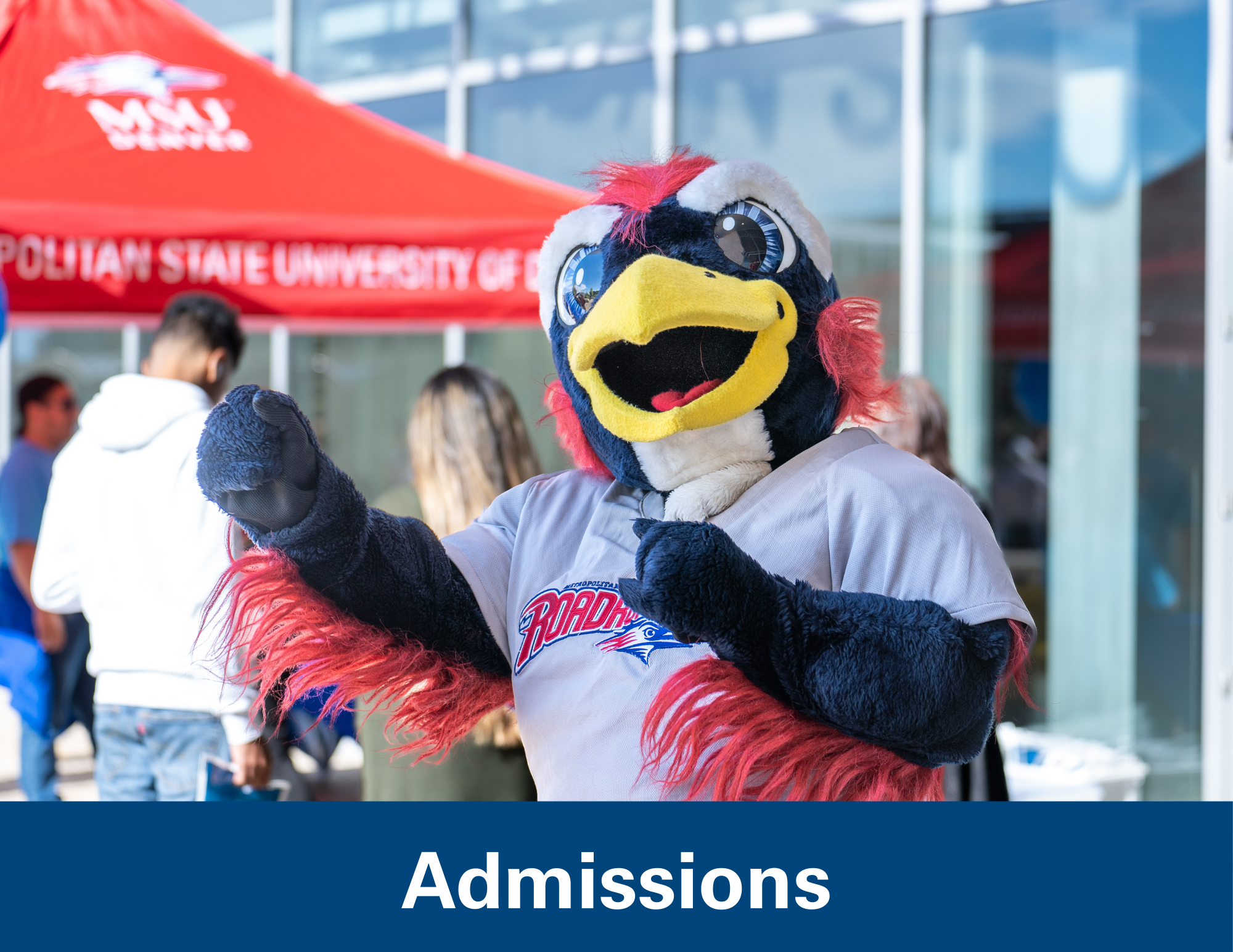 Image of Rowdy the Roadrunner with a Banner that reads Admissions